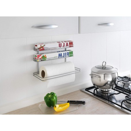 Metaltex Mensola porta rotoli da cucina “Roll-It Silver” a 3 ripiani in filo di ferro Polytherm