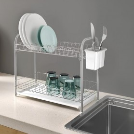 Metaltex Scolapiatti “Doubletex” 2 ripiani in filo di ferro LDPE con bacinella raccogligocce e portaposate