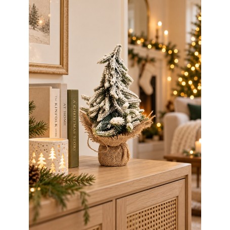 Albero di Natale innevato con base in juta – Ø 6 x H 26 cm