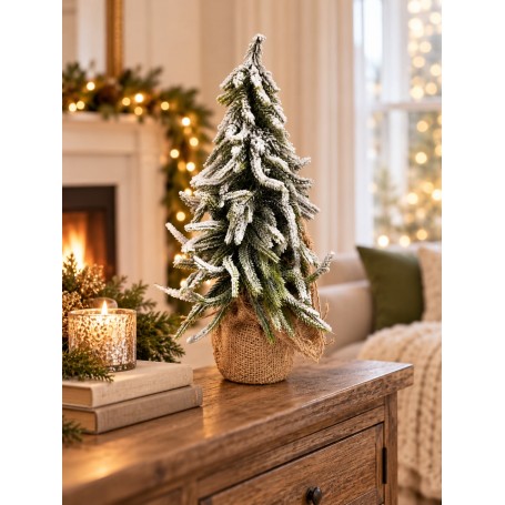 Albero di Natale innevato con base in juta – Ø 8 x H 34 cm